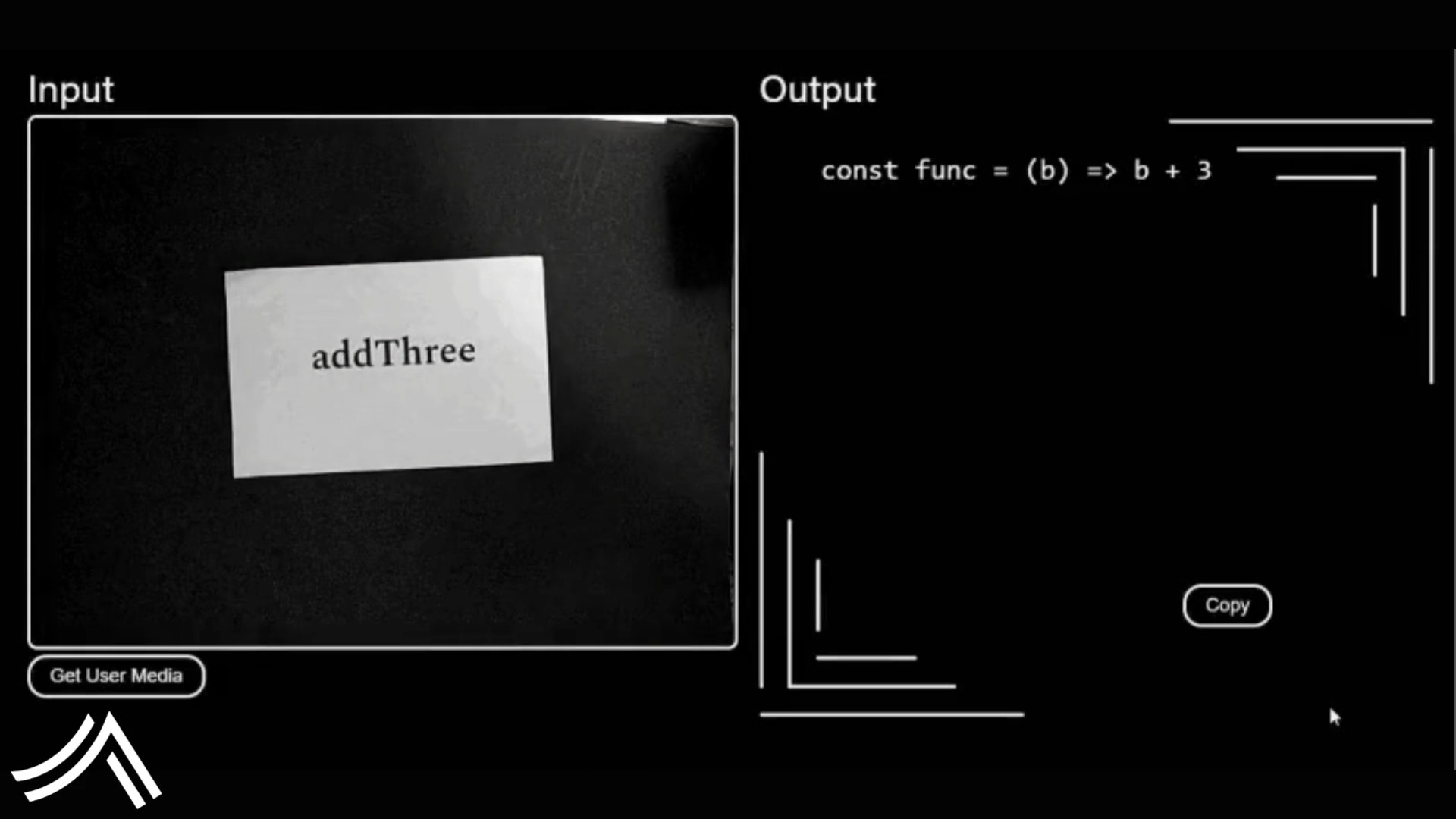 On the left side, a notecard that says addThree. On the right side, an output of const func = (b) => b + 3